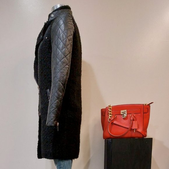 💥EDGY CHIC💥QUILTED LAMBSKIN LEATHER SLEEVES MOHAIR MOTO COAT in BLACK - Picture 8 of 16